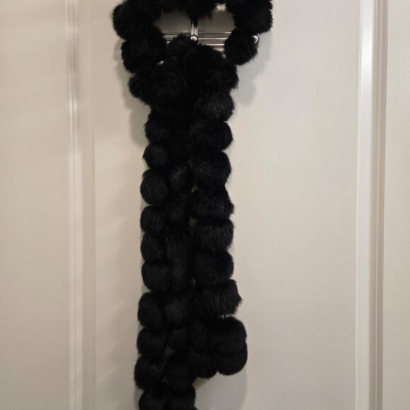 Extra Long Black Rabbit Fur Pompom Scarf #2 - Picture 1 of 4